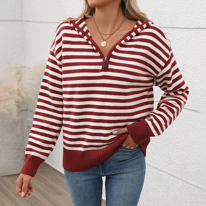 Women's Striped Hoodie with Half Zip and Ribbed Cuffs Mune Fashion