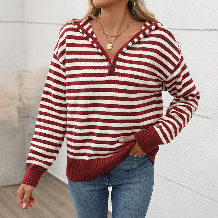 Women's Striped Hoodie with Half Zip and Ribbed Cuffs Mune Fashion