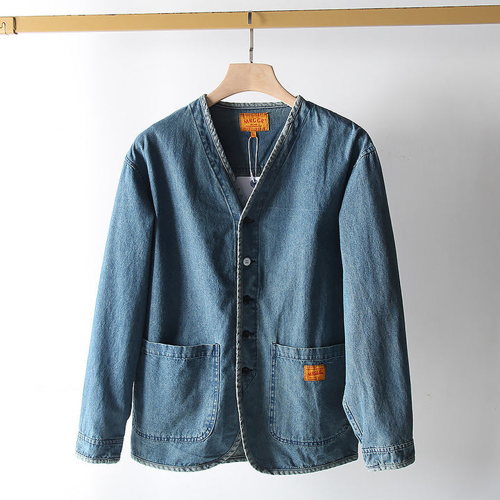 Men's Lightweight Denim Blazer in Overshirt Style with V-Neck and Patch Pockets Mune Fashion
