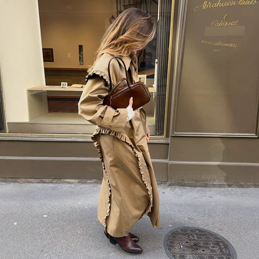 Women's maxi long trench coat with flounce shoulder cape and adjustable cuffs Mune Fashion