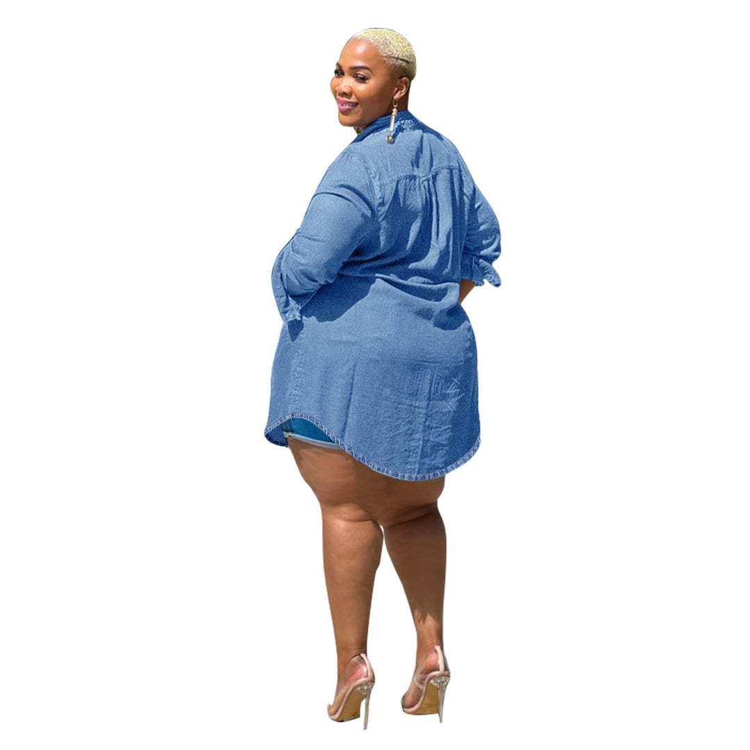 Ladies Oversized Denim Shirt Blouse in Longline Cut with Rolled Sleeves and Breast Pockets Mune Fashion