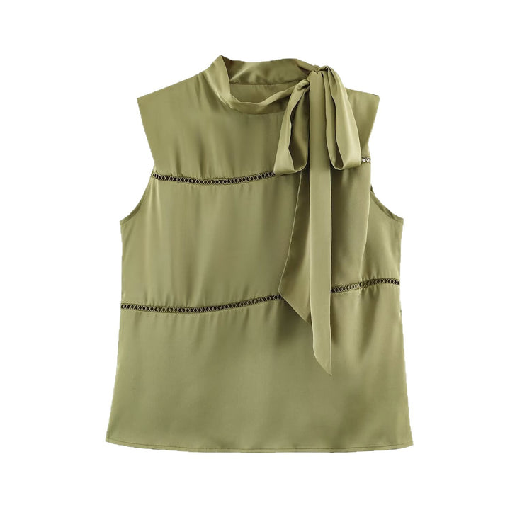 Women's Sleeveless Silk-Effect Blouse with Bow Collar and Lace Inserts Mune Fashion