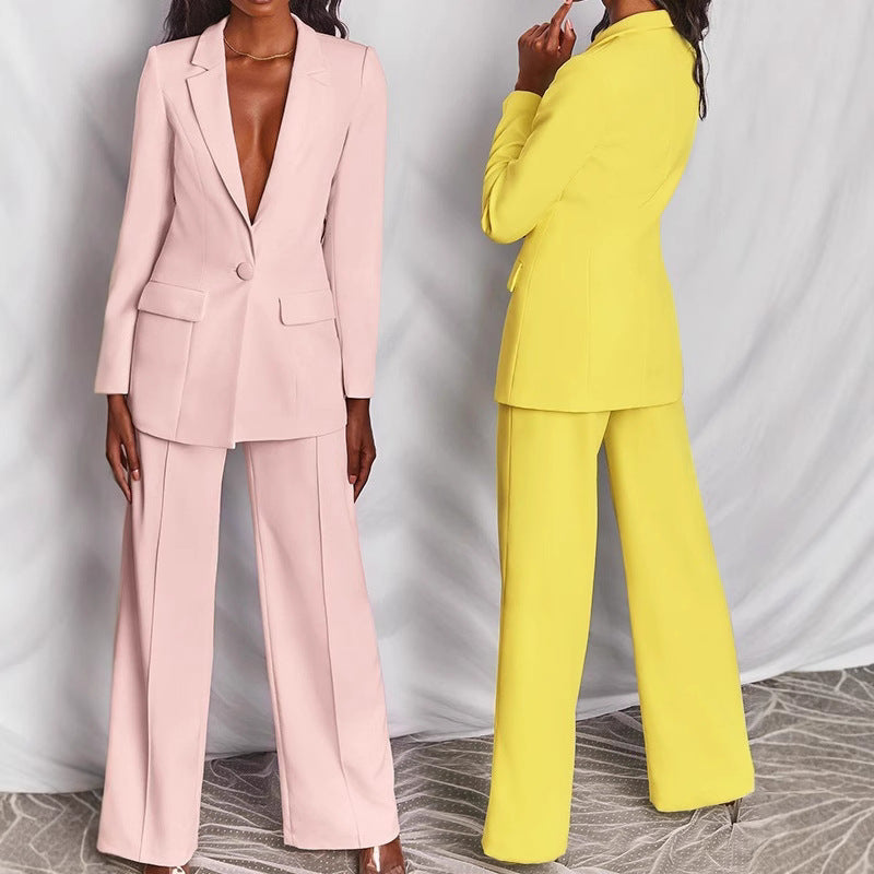 Women's tailored one-button blazer with flap pockets and wide palazzo pants suit Mune Fashion