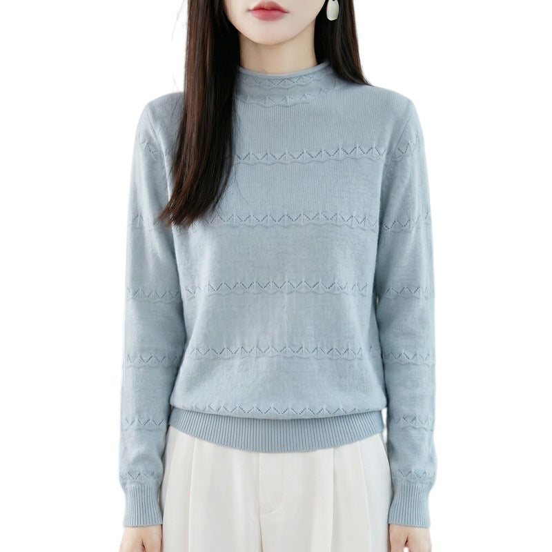 Women's lightweight lace-knit pullover with short stand-up collar and fine ribbed hem Mune Fashion