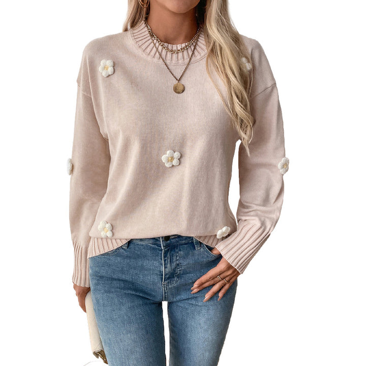 Women's Casual Round Neck Sweater with 3D Flower Appliqués and Ribbed Cuffs Mune Fashion