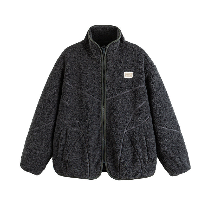 Unisex Teddy-Fleece-Bomber Jacket with Stand Collar and Geometric Seam Design Mune Fashion