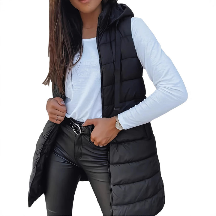 Ladies nan long quilted hooded vest with two-way zipper and side pockets Mune Fashion