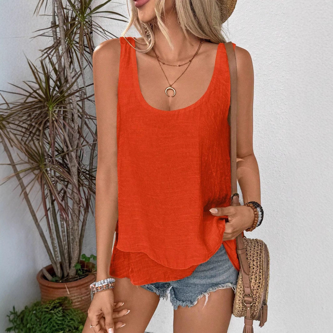 Women's Casual Layered Linen Look Top with Wide Round Neckline Mune Fashion