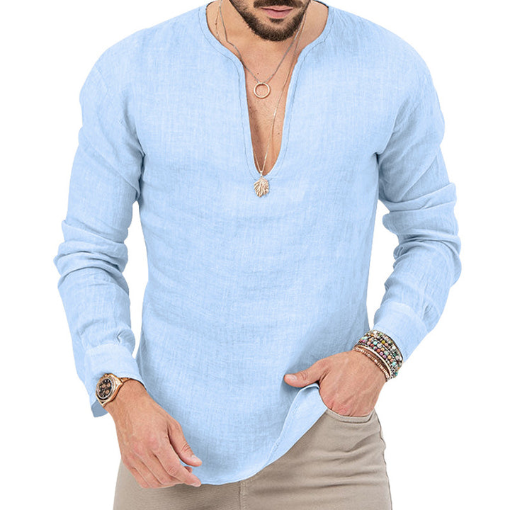 Men's relaxed linen tunic shirt with open slit collar and rounded hem Mune Fashion