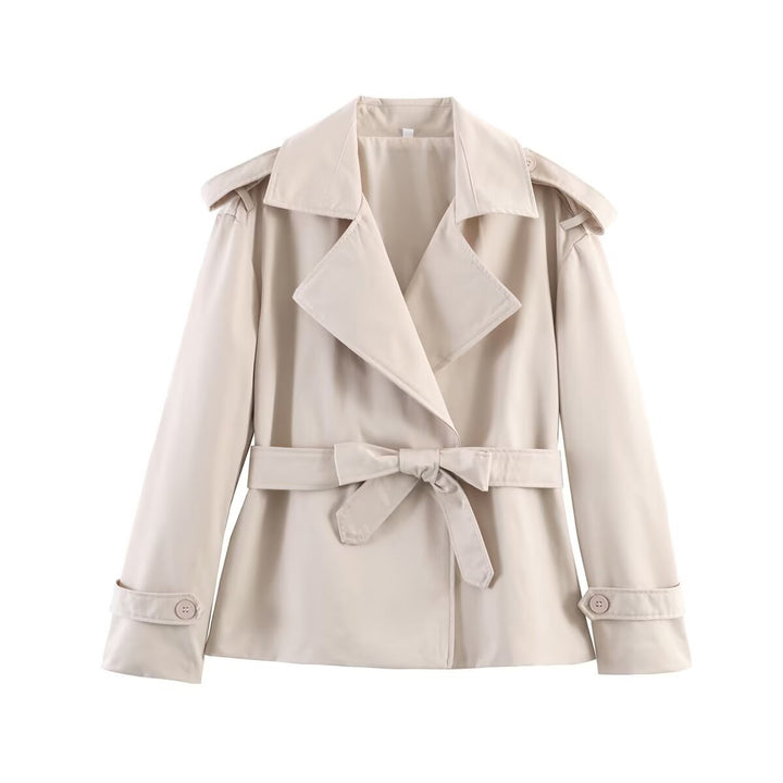 Women's Tailored Cropped Trench Coat with Wide Lapels, Belt and Epaulettes Mune Fashion