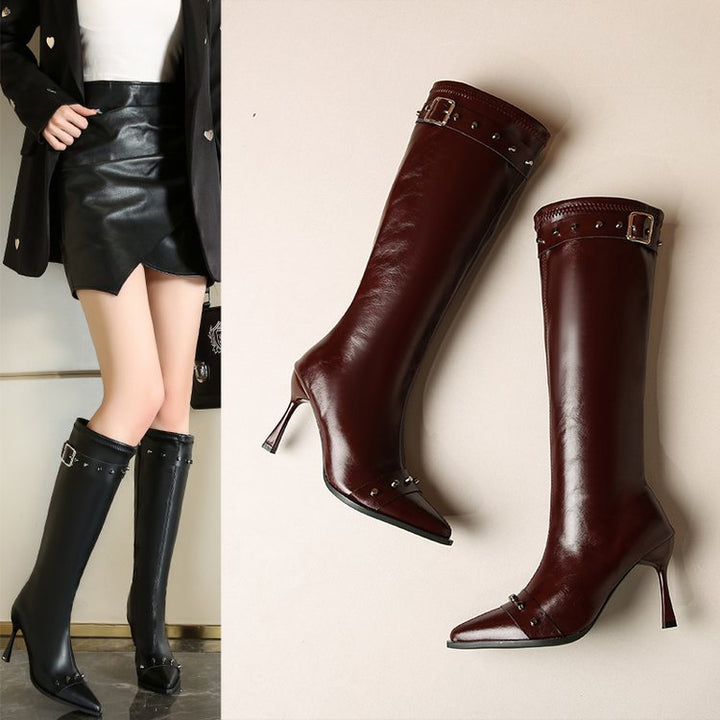 Women Knee-High Boots with Pointed Toe, Sculptural Stiletto Heel and Decorative Strap Mune Fashion