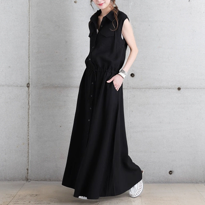 Ladies long shirt dress with drawstring waist and patch chest pockets Mune Fashion