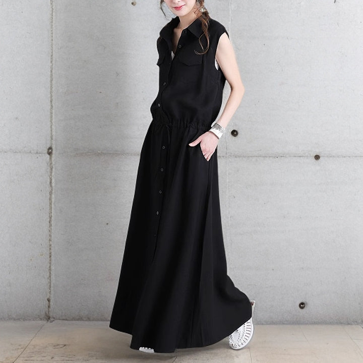 Ladies long shirt dress with drawstring waist and patch chest pockets Mune Fashion
