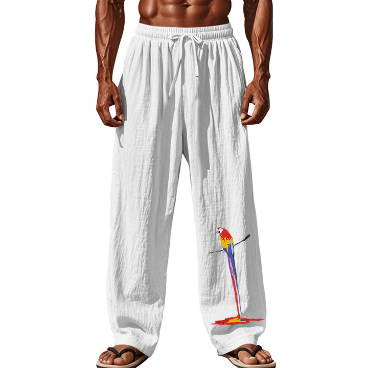 Men's casual linen lounge pants with elastic comfort waistband, drawstring, wide leg, and decorative parrot embroidery Mune Fashion