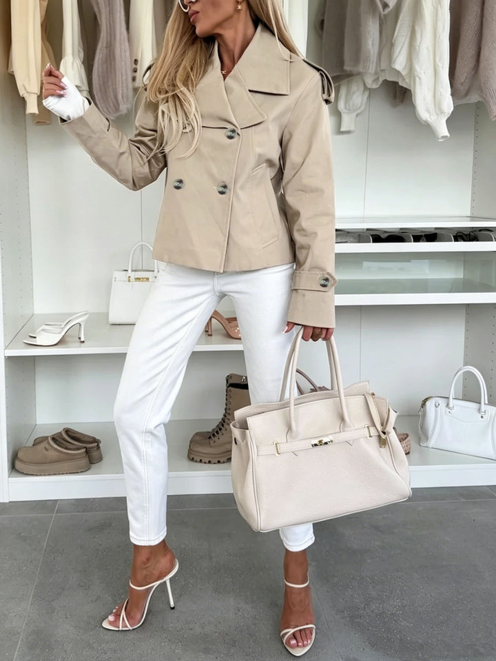 Women's Short-Cut Double-Breasted Trench Coat with Epaulettes Mune Fashion