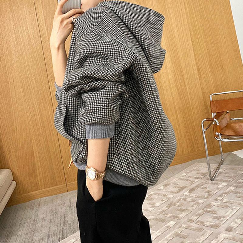 Women's Oversized Sweat Jacket with Hood and Modern Houndstooth Pattern Mune Fashion
