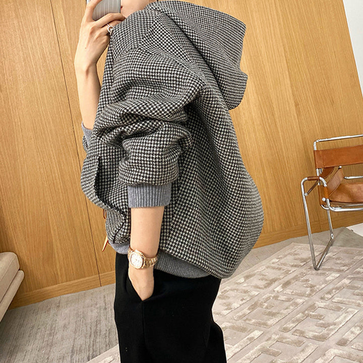Women's Oversized Sweat Jacket with Hood and Modern Houndstooth Pattern Mune Fashion