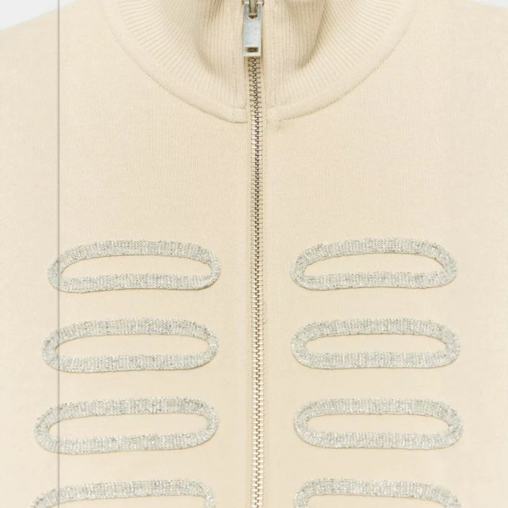 Women's Cropped Sweat Jacket with Stand-Up Collar and Decorative Cord Trim Mune Fashion