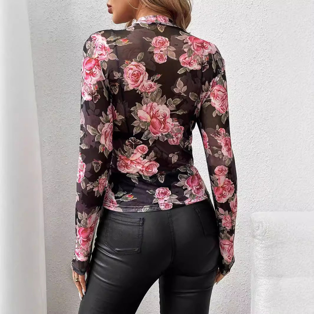 Women's non-transparent form-fitting long sleeve shirt with floral rose print and stand-up collar Mune Fashion