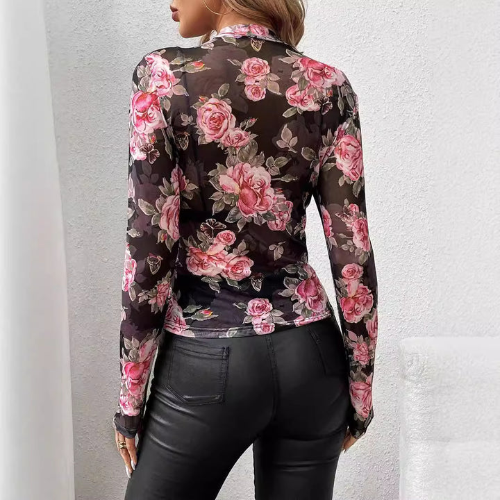Women's non-transparent form-fitting long sleeve shirt with floral rose print and stand-up collar Mune Fashion