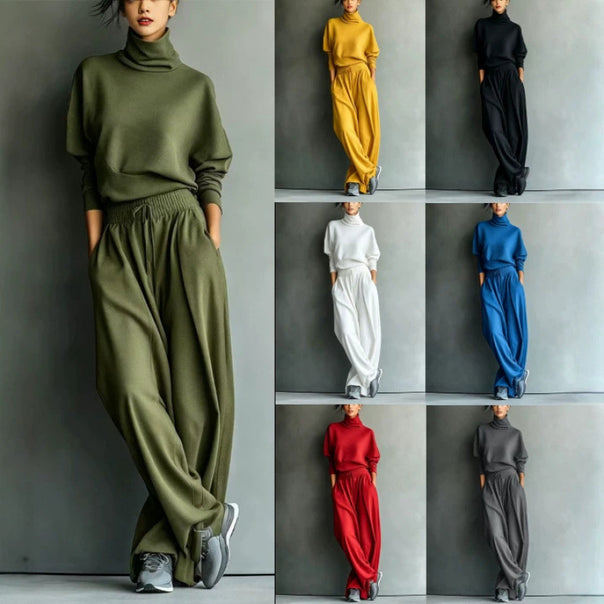 Women's Knit Loungewear Set with Turtleneck and Wide Palazzo Pants Mune Fashion