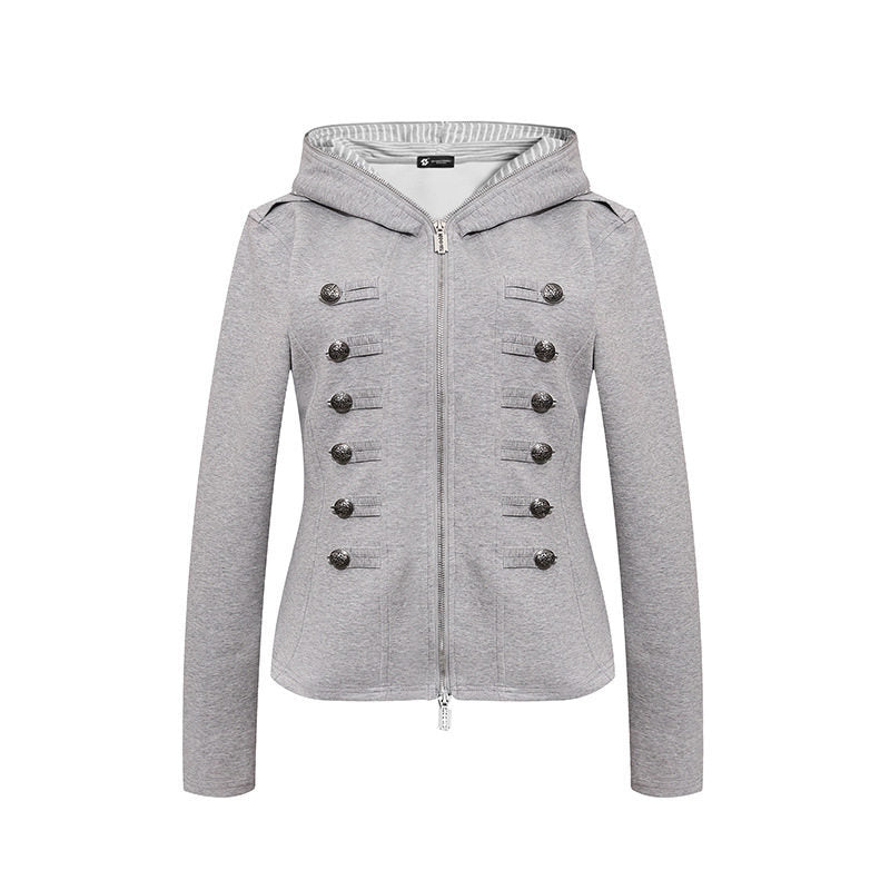 Women's fitted hooded sweat jacket with decorative double row and metal buttons Mune Fashion
