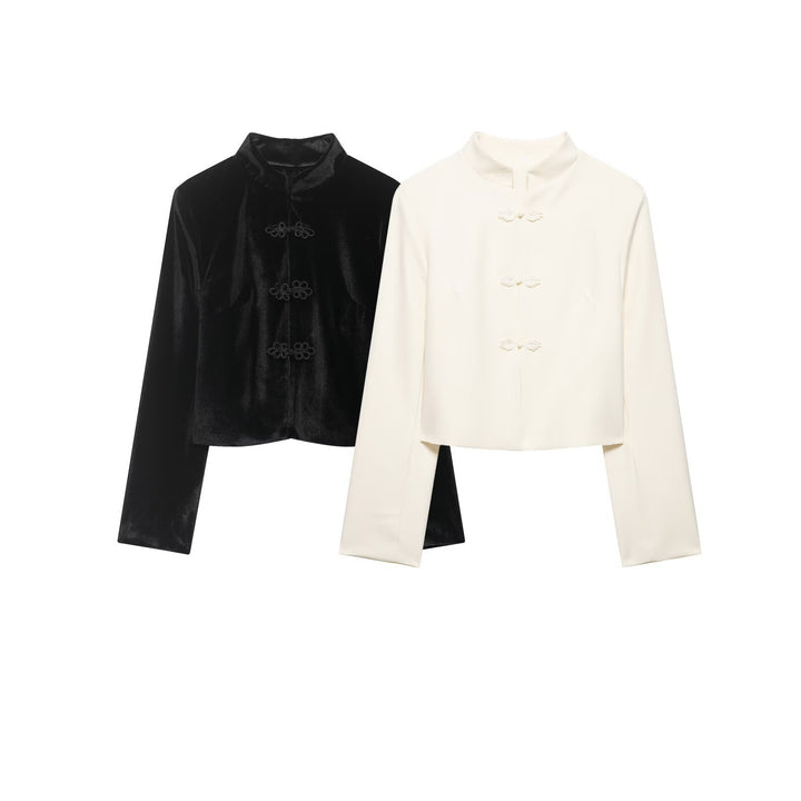 Women Short Blazer Jacket with Standing Collar and Knot Closures Mune Fashion