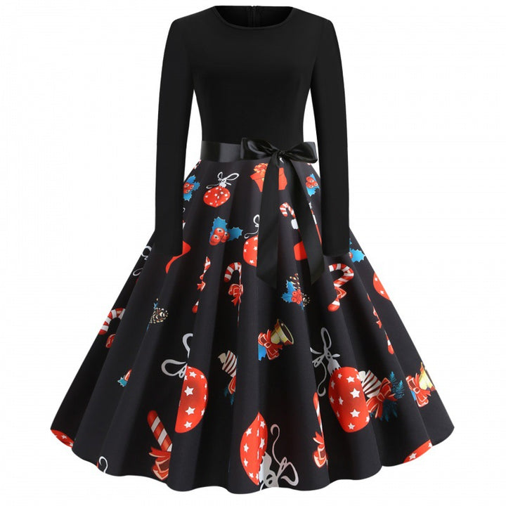 Women Retro Swing Dress with Jersey Top, Tailored Satin Sash and Festive Print Mune Fashion