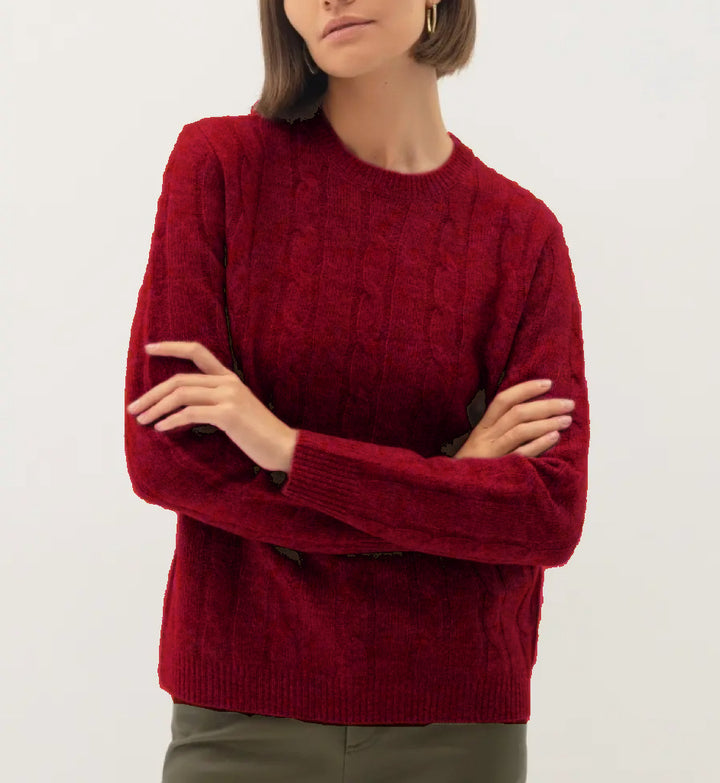 Women’s cable knit sweater in braids with round neckline and sustainably soft wool blend Mune Fashion