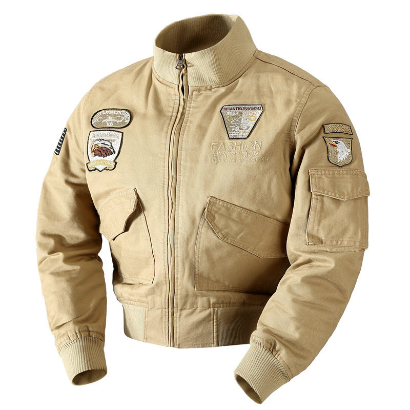 Men's Canvas Pilot Blouson in Military Look with Stand-Up Collar, Utility Pockets, and Patch Applications Mune Fashion