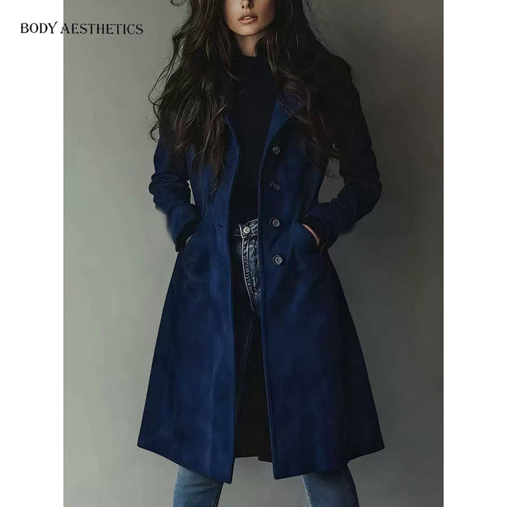 Women's Elegant Long Coat in A-Line Cut with Single-Breasted Button Placket Mune Fashion