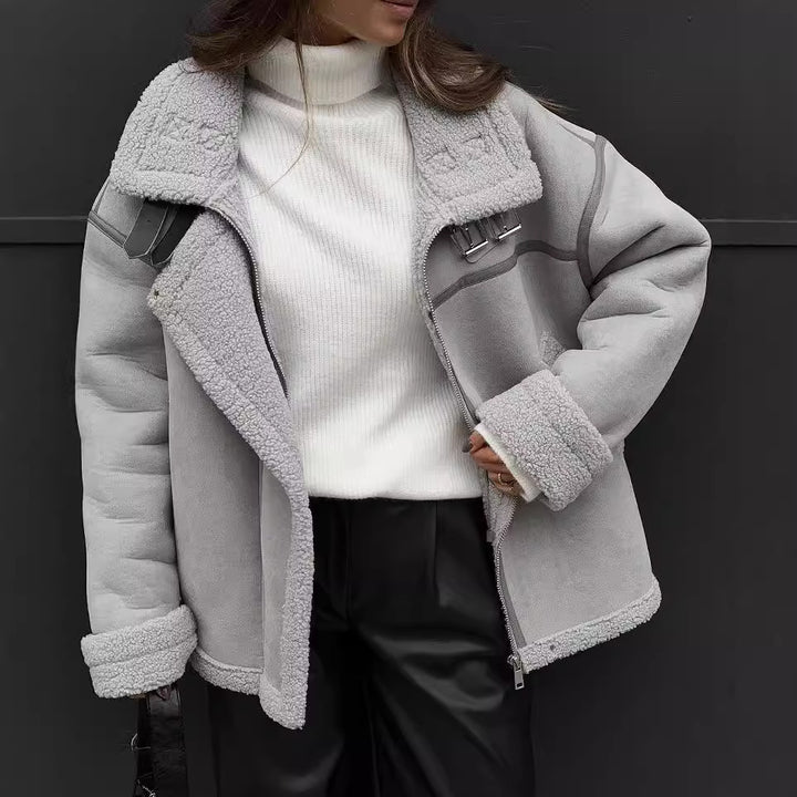 Women's Wide Cut Lambskin Imitation Flight Jacket with Faux Fur Lining Mune Fashion