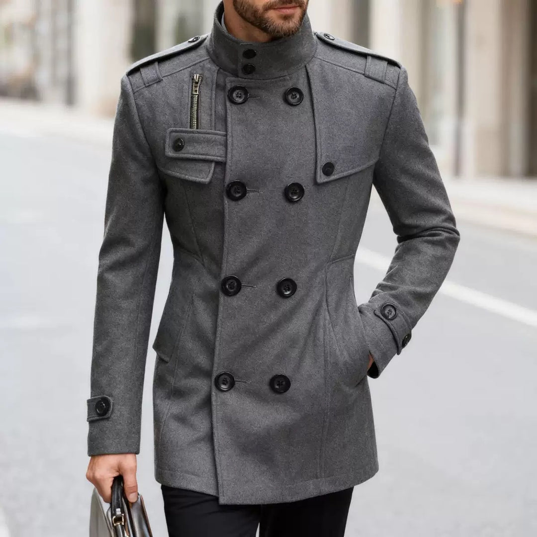Men's tailored double-breasted short coat with stand-up collar and shoulder flaps Mune Fashion