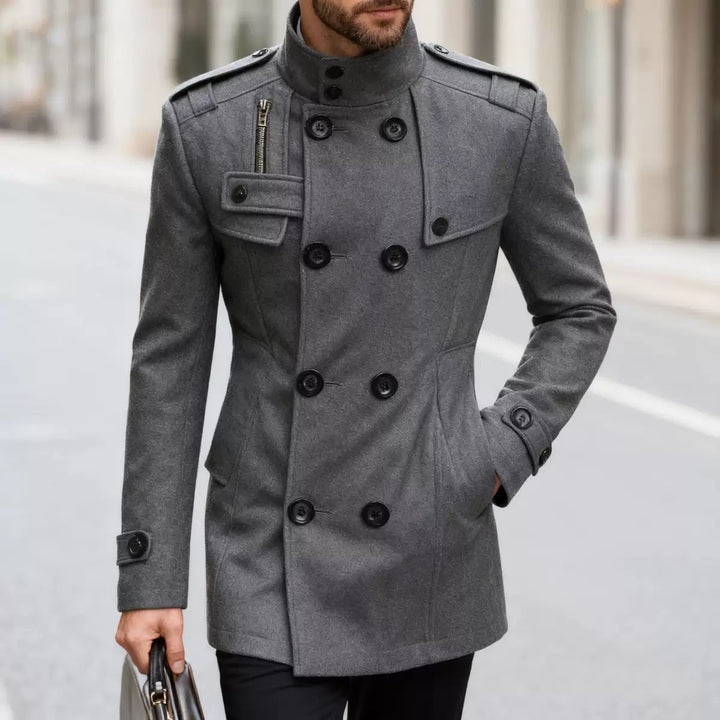 Men's tailored double-breasted short coat with stand-up collar and shoulder flaps Mune Fashion