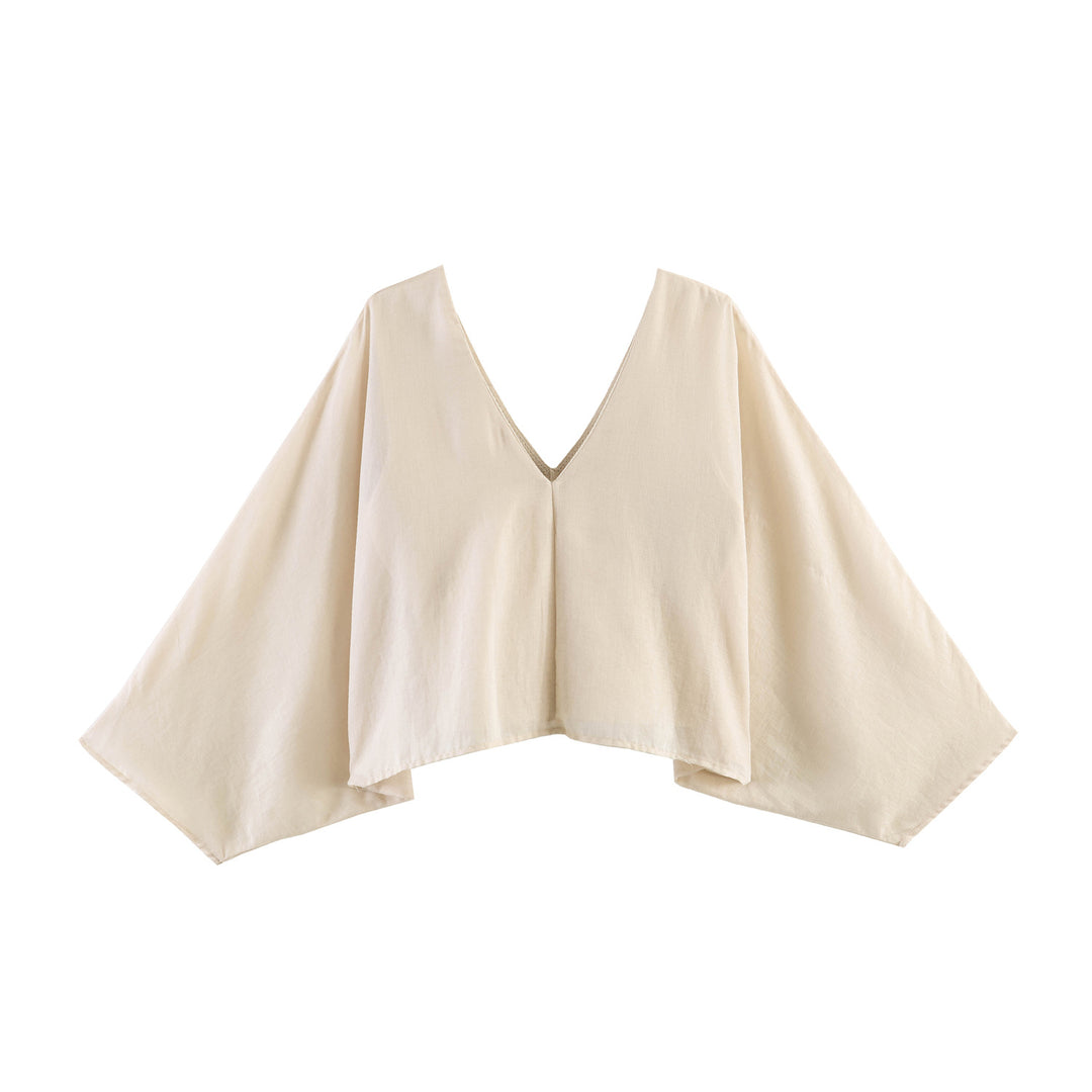 Women Oversized Linen Blouse with V-Neck and Wide Batwing Sleeves Mune Fashion