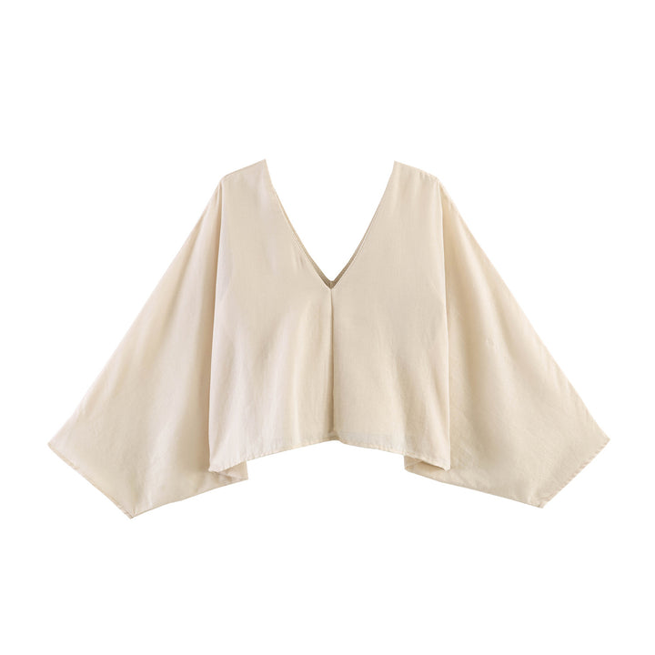 Women Oversized Linen Blouse with V-Neck and Wide Batwing Sleeves Mune Fashion