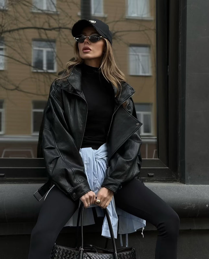 Women's Oversized Leather Jacket with Asymmetrical Zipper and Wide Collar Mune Fashion