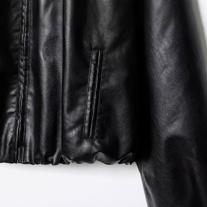 Ladies Boxy Leather Look Bomber Jacket with Concealed Zipper and Elastic Hem Mune Fashion