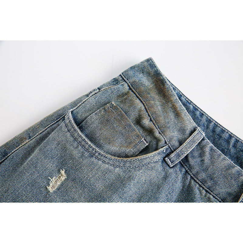 Ladies Wide Baggy Jeans with High Waist, Used Wash and Rip Details Mune Fashion