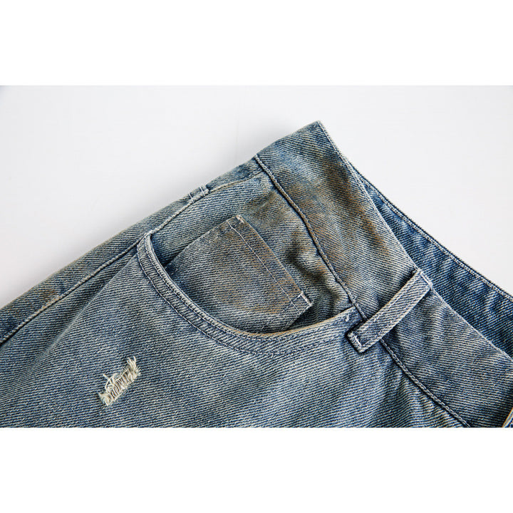Ladies Wide Baggy Jeans with High Waist, Used Wash and Rip Details Mune Fashion