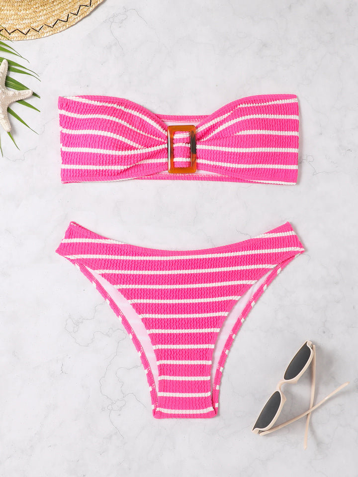 Women's bandeau bikini with a stylish striped pattern and decorative buckle Mune Fashion