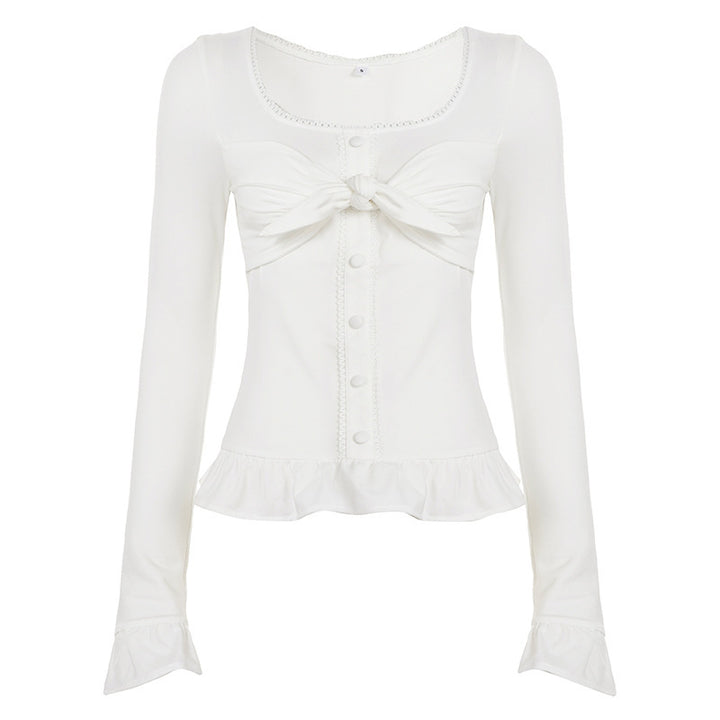 Women's Tailored Long Sleeve Cropped Top with Decorative Bow, Button Placket and Ruffled Hem Mune Fashion