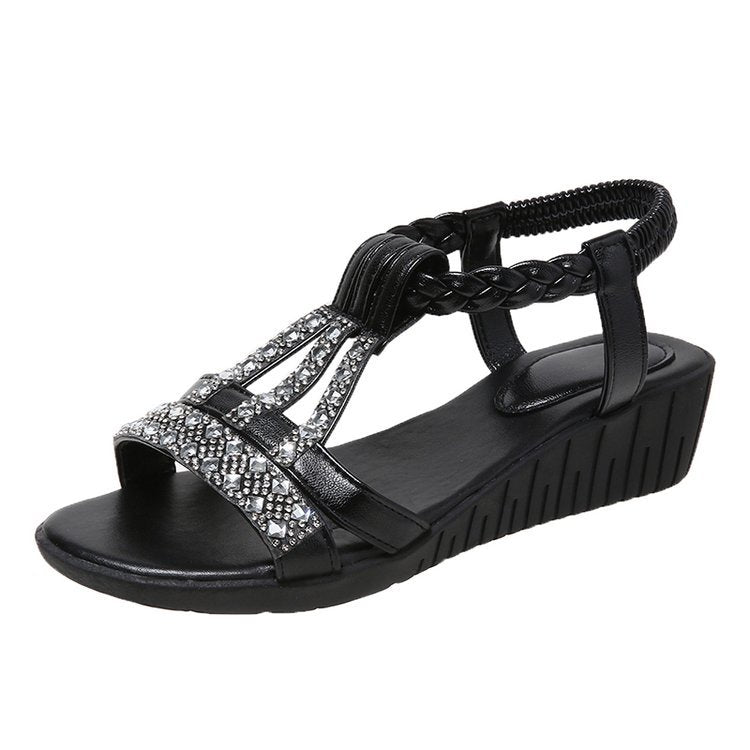 Ladies' elegant wedge sandals with padded comfort insole and jeweled chain trim Mune Fashion