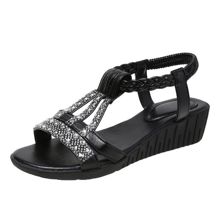 Ladies' elegant wedge sandals with padded comfort insole and jeweled chain trim Mune Fashion