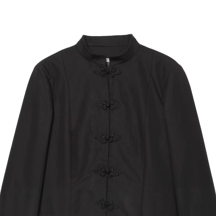 Ladies short fitted jacket with mandarin collar and decorative knot closures Mune Fashion