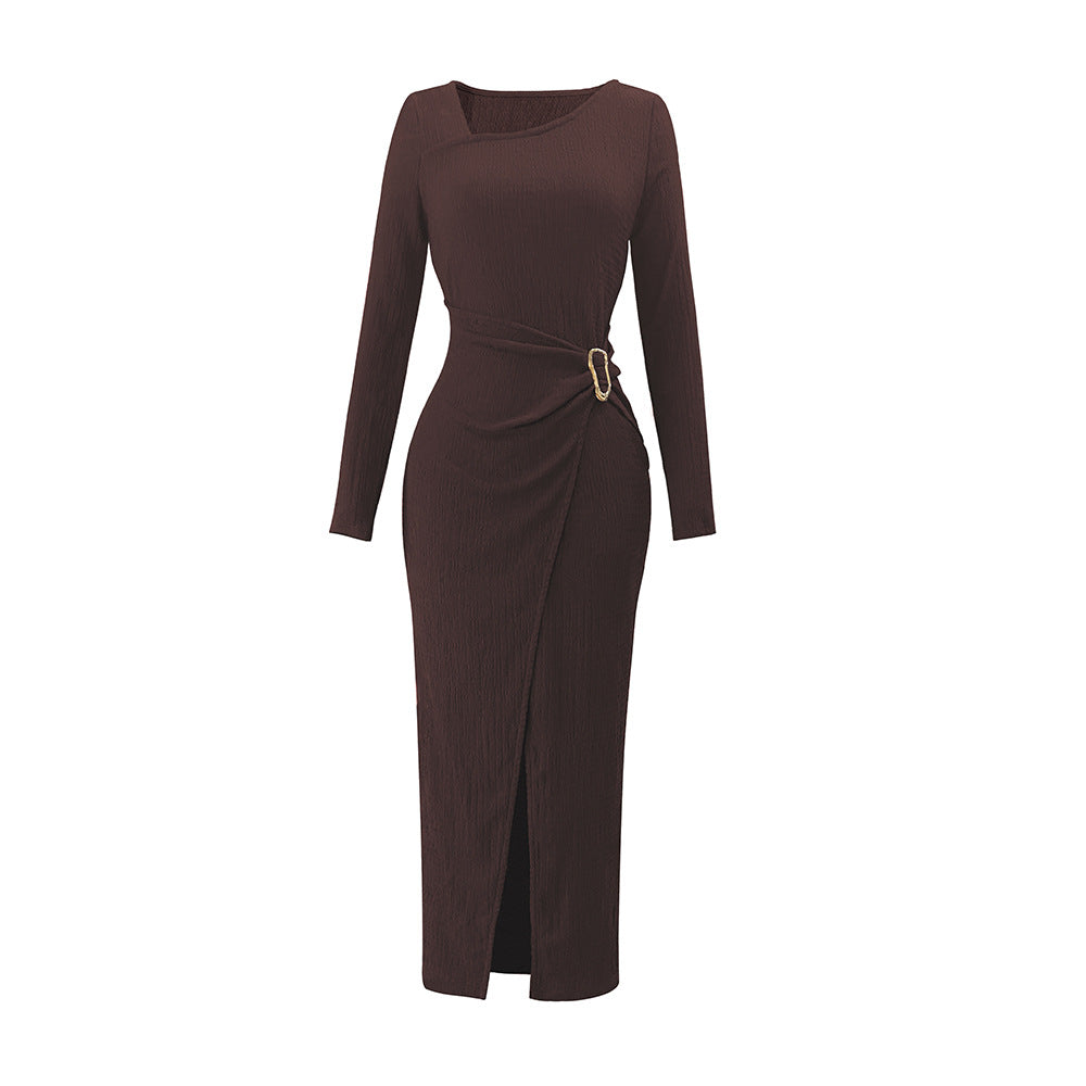 Women asymmetrical wrap midi dress with decorative belt, draping and high leg slit Mune Fashion