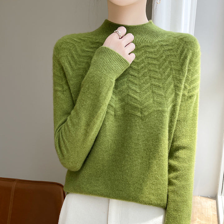 Women's Soft Fine Knit Mock Neck Sweater with Chevron Ajour and Cashmere Look Mune Fashion