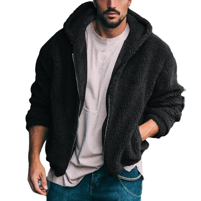 Men's Oversized Teddy-Fleece Hooded Jacket with Utility Arm Pocket, Front Zipper and Elastic Hem Mune Fashion