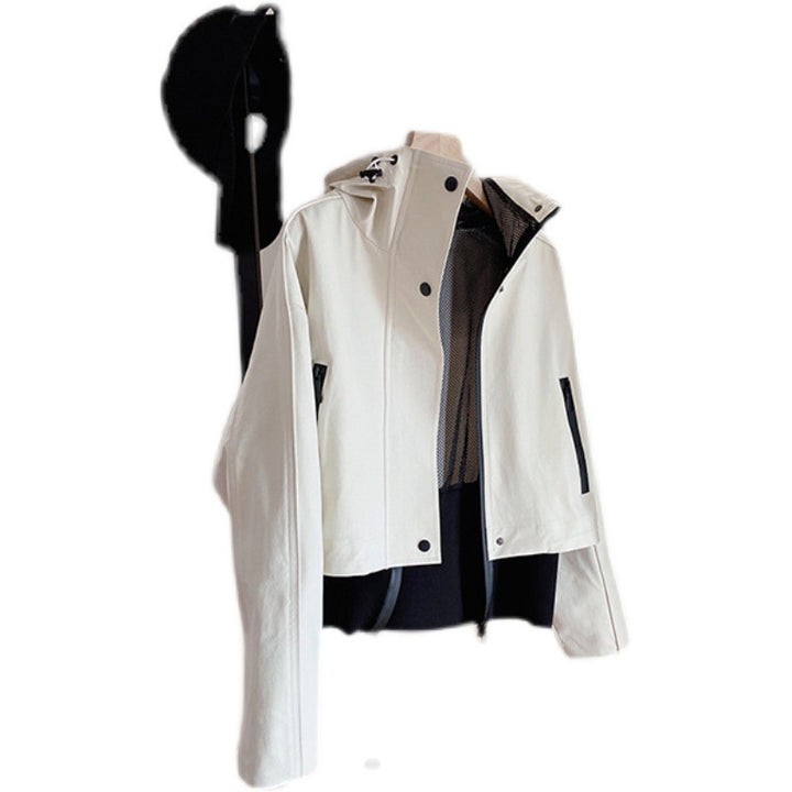 Women Short Hooded Jacket with Mesh Lining, Concealed Zipper and Contrast Details Mune Fashion