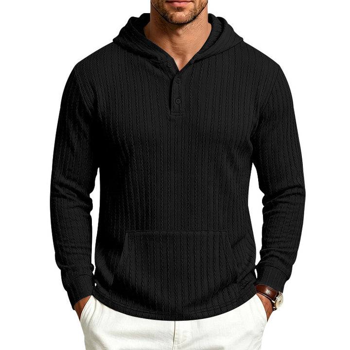 Men's Structured Hooded Henley Sweater with Kangaroo Pocket and Cable Knit Mune Fashion